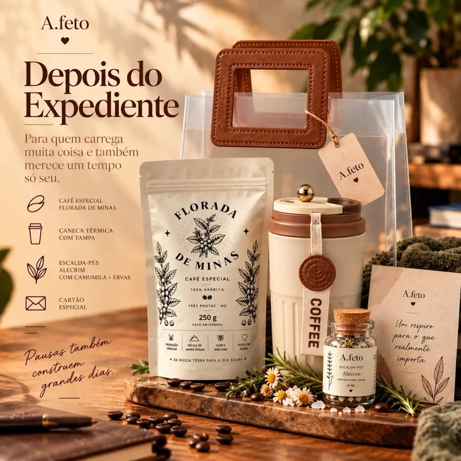 Kit Depois do Expediente: café especial Florada de Minas, copo térmico com tampa, escalda-pés de alecrim e cartão, ao lado da sacola com alça de couro